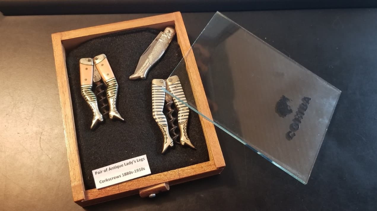 ANTIQUE GERMAN HALF NAKED LADY LEGS CORKSCREW 1800'S NICE 3 In GLASS DISPLAY BOX 2