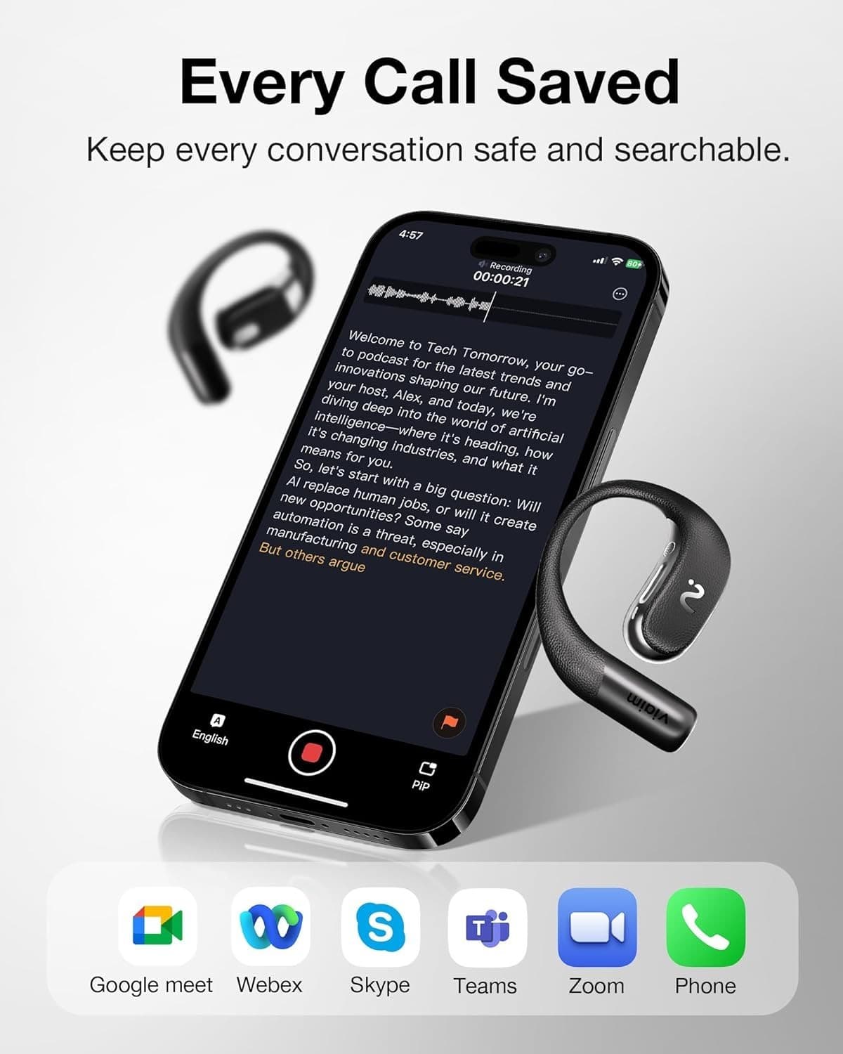 VIAIM OpenNote AI Recorder – Open Ear Earbuds with FlashRecord, Black 3