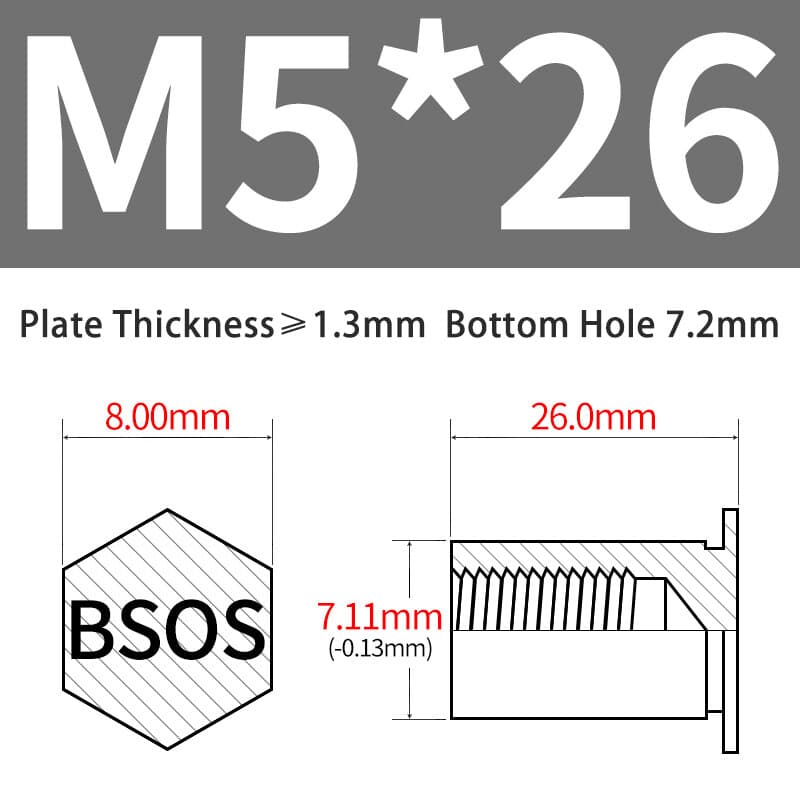 BSOS-M5/M6 Rivet Studs Riveting Nut Stainless Steel Blind Hole Hex Head Rivnut