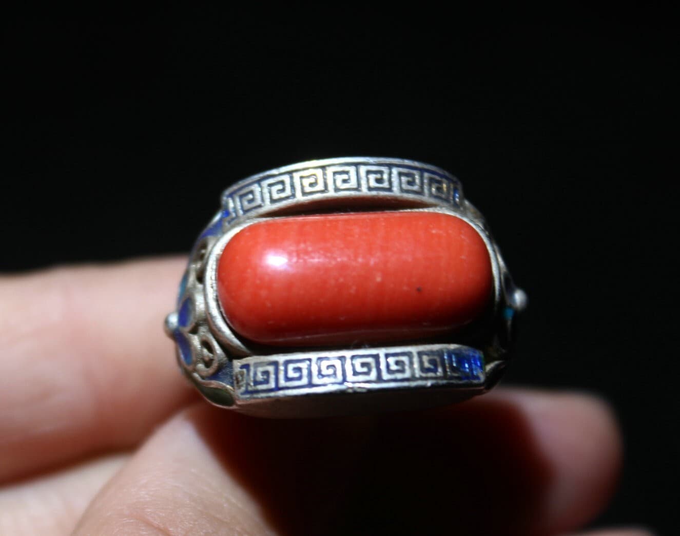 Rare Old Chinese Cloisonne Silver Inlay Red Gem Flower Jewelry Figure Ring 2