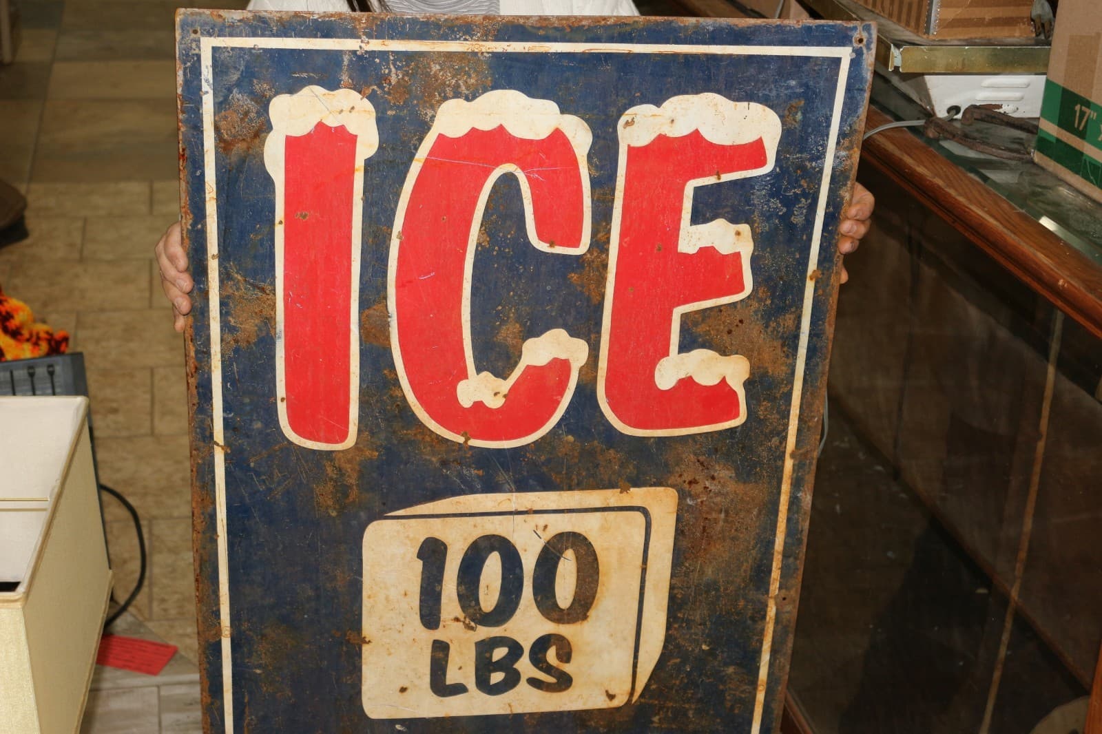 Large 24"x48" Vintage Ice 100Lbs $4.99 Beer Soda Pop General Store Metal Sign 2