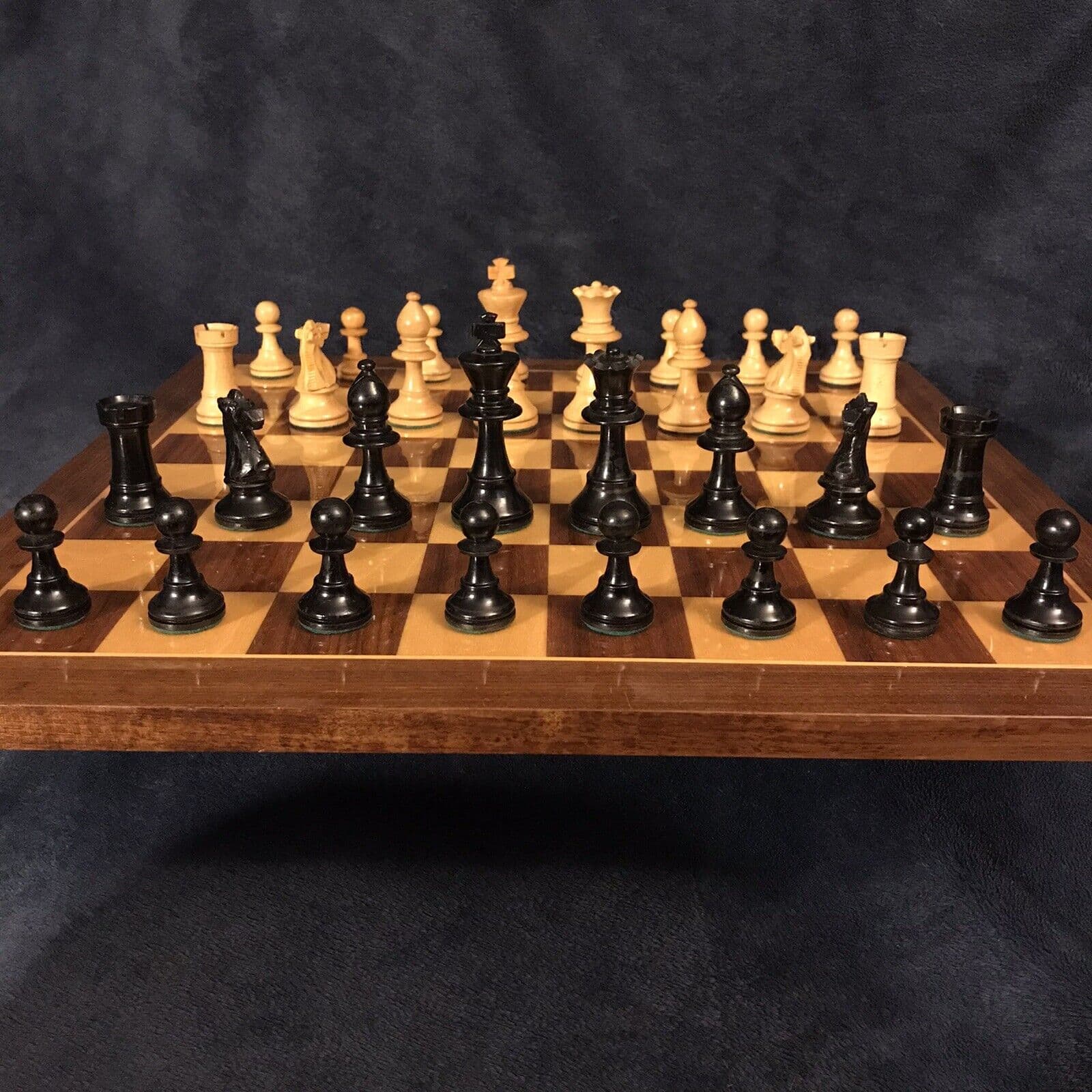 Vintage French Tan & Black Boxwood Chess Set 3.65”K + Case 6