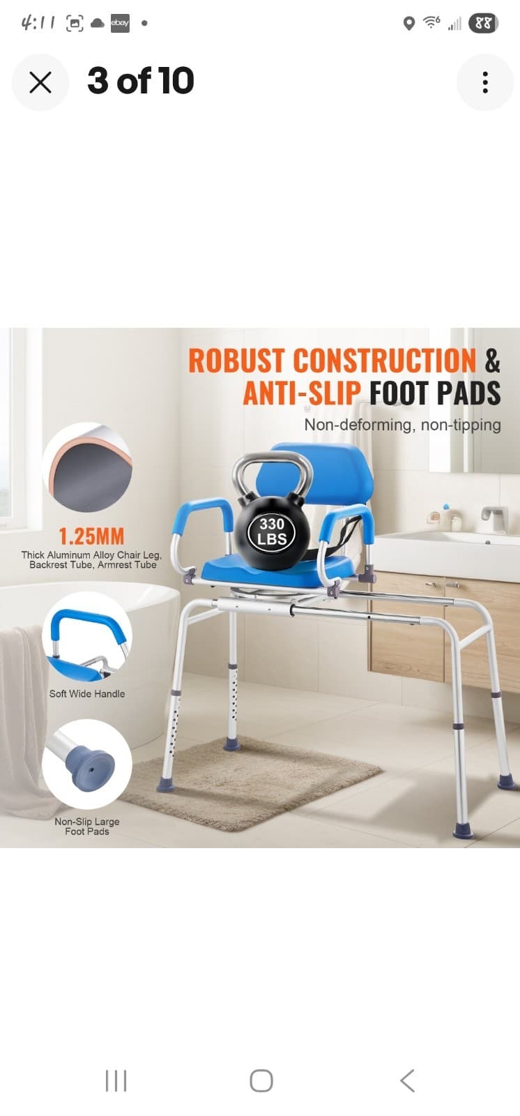 VEVOR Sliding Tub Transfer Bench Shower Chair with 360 Degree Swivel Seat 330LBS 6