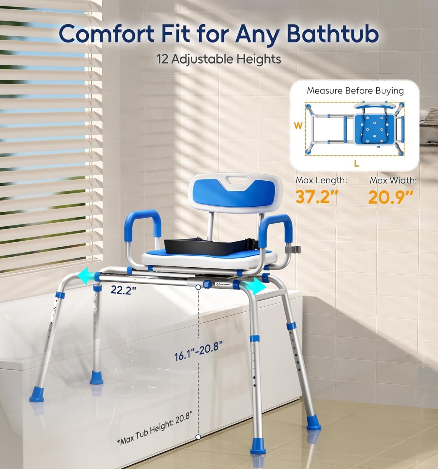Sliding shower chair with swivel seat, tub bench, non-slip arms & safety belt 2