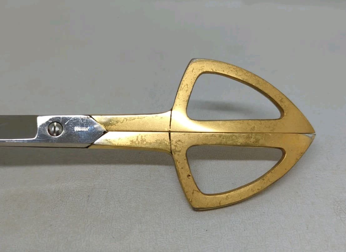 Vintage German Art Deco Scissors 9" In Leather Case Brass Tone Handles  6
