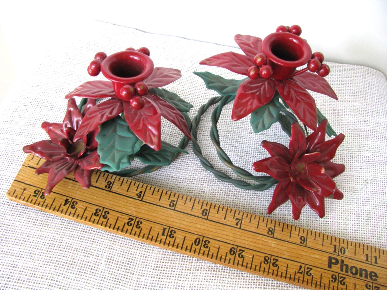 Set of 2 Cranberry Poinsettias Coiled Metal Taper Candle Holders Holly Leaves 6