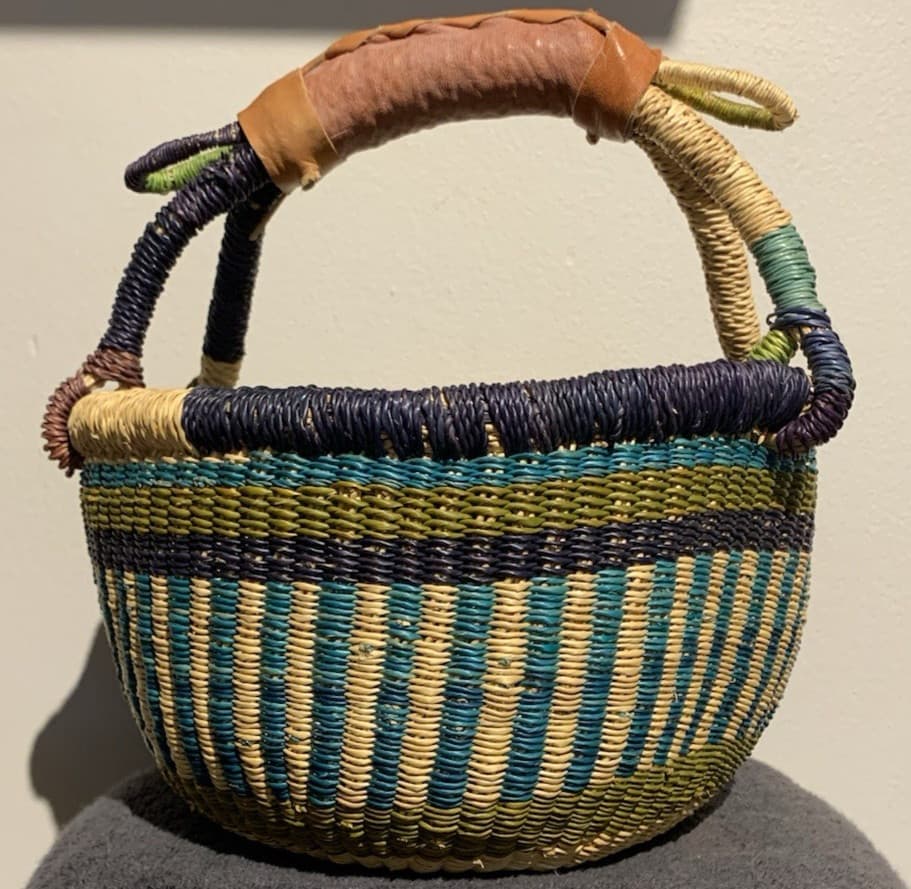 Bolga African Market Basket Hand Woven With Leather Wrapped Handle 9” x 6” x 10”