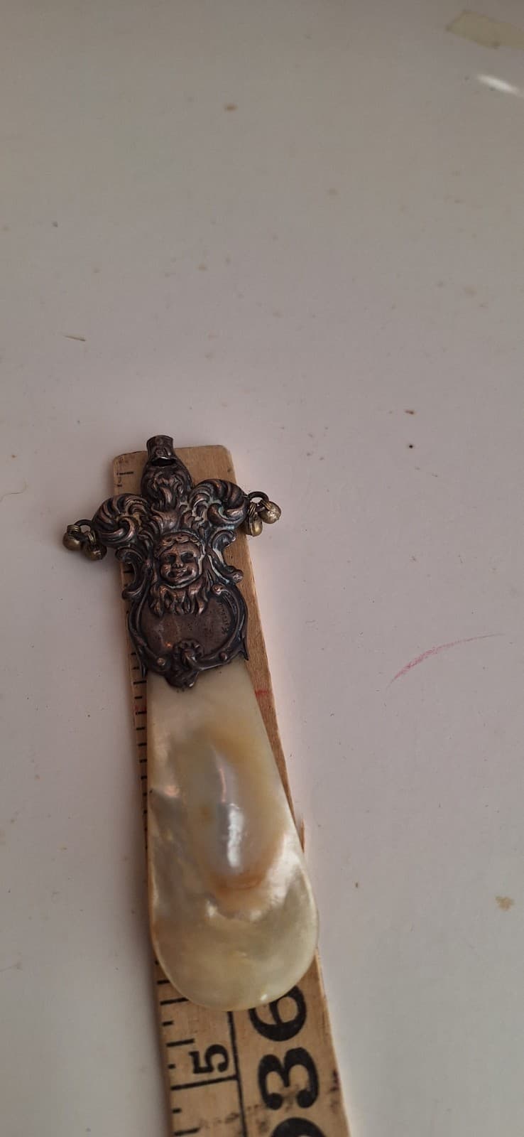 Antique Fancy Baby Rattle w/t Nanny Whistle & Mother of Pearl  Teething Ring 4