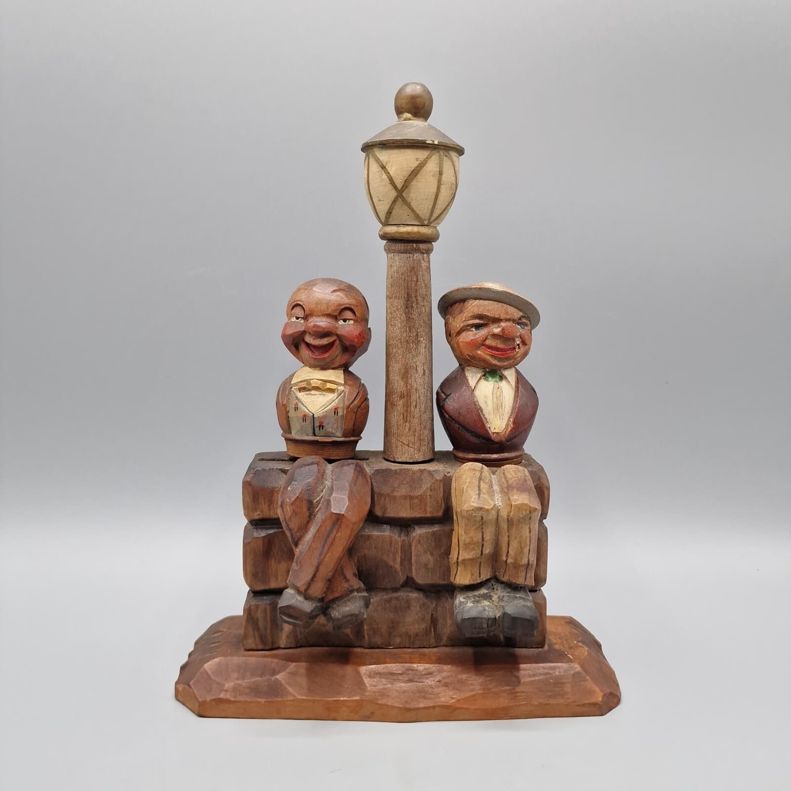 VTG Anri Hand Carved Wood Bar Set - Opener, Cork Screw, Cork - 2 Men & Lamp Post