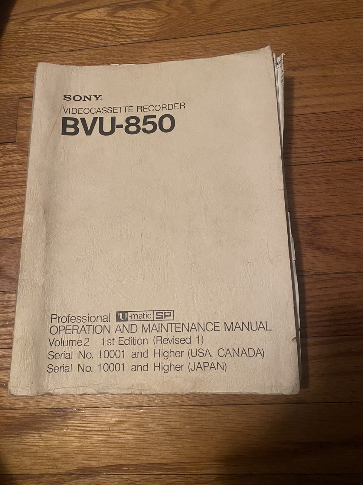 SONY® VIDEOCASSETTE RECORDER BVU-850 Operation And Maintenance Manual Partial