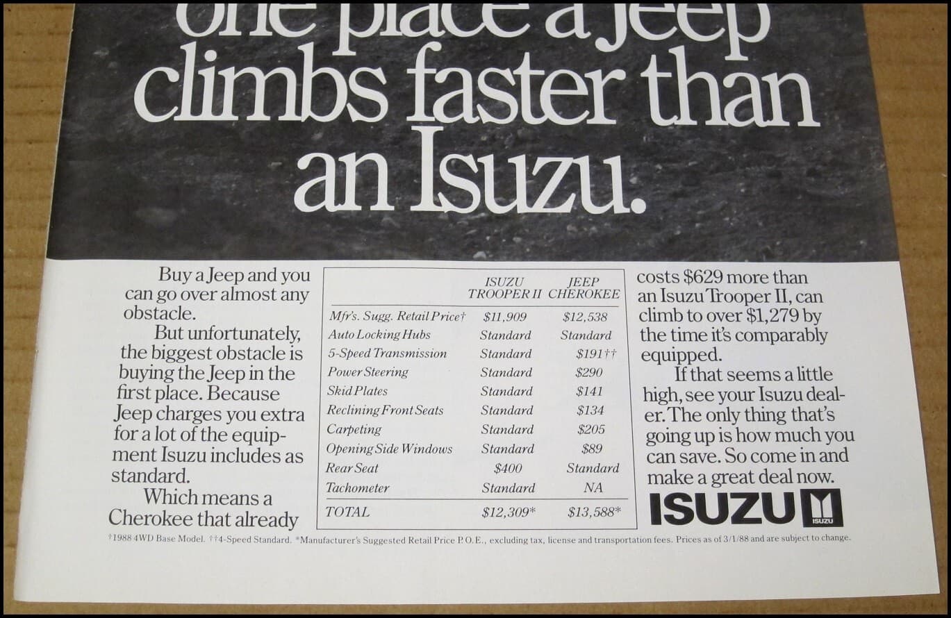 1988 Isuzu Trooper II Print Ad Car SUV Automobile Advertisement Vintage Auto 4