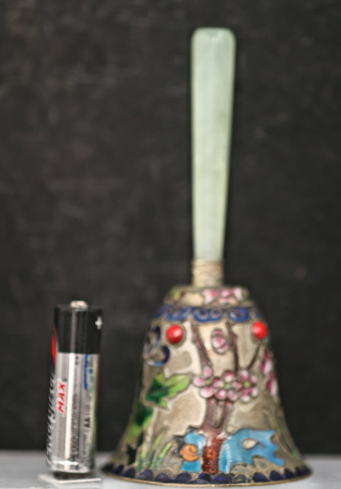 Exquisite Vintage Chinese Cloisonne Brass Bell w/Jadeite Handle 4