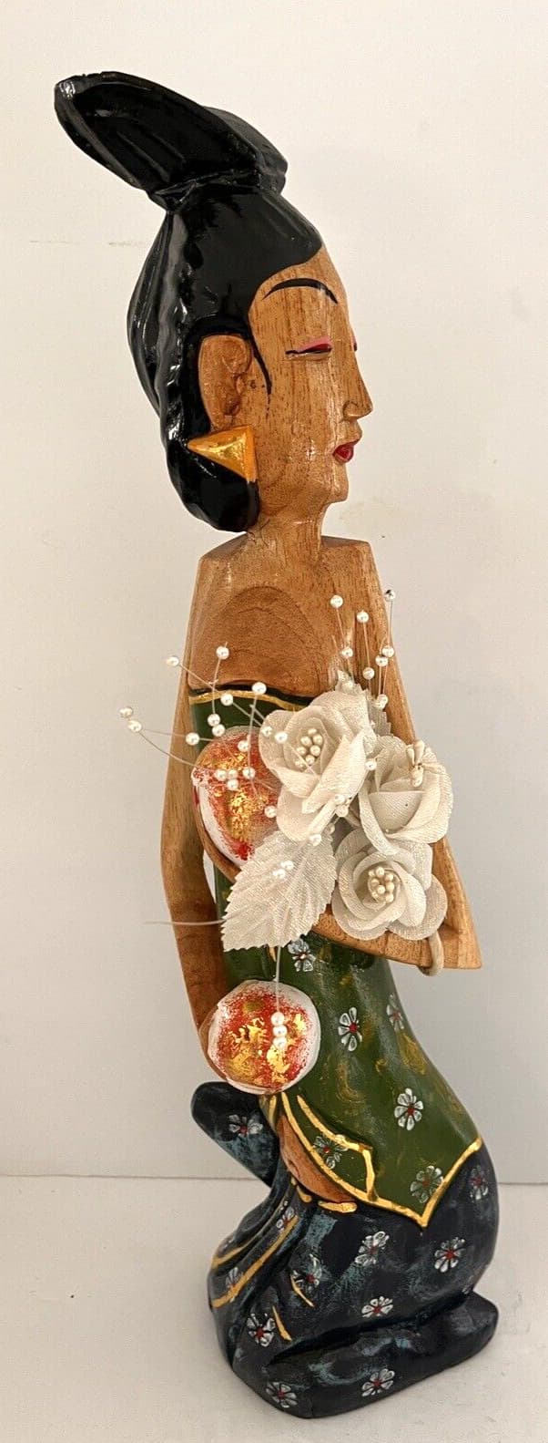 Asian Lady Hand Carved & Painted  with Flowers 14"  Unique OOAK Vintage