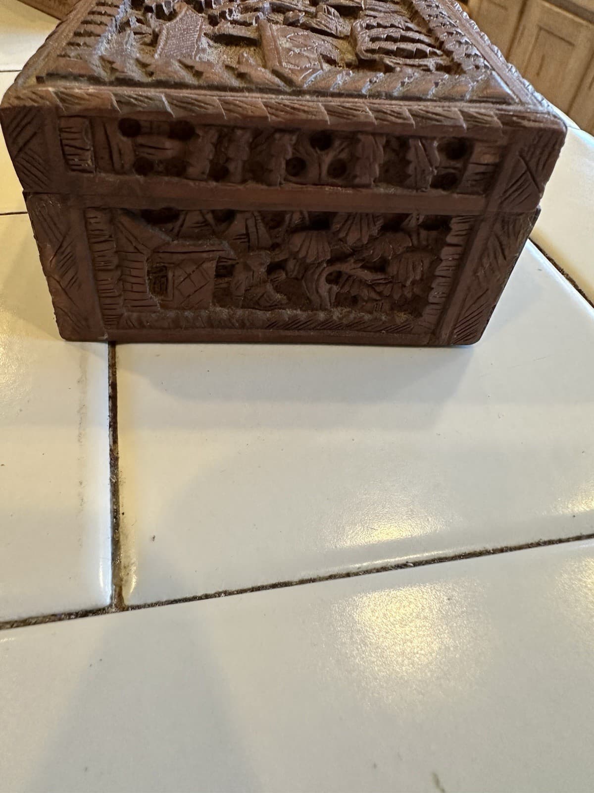 Pair Chinese Carved Wood Boxes “Noble Men in Courtyard” & “Scholars in Garden” 6