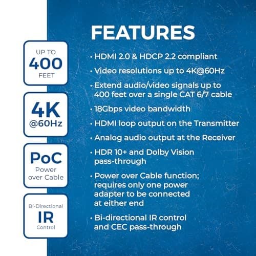  4K HDMI over Ethernet Extender Balun - HDBaseT UltraHD 4K @ 60Hz 4:4:4 4K - IR 4