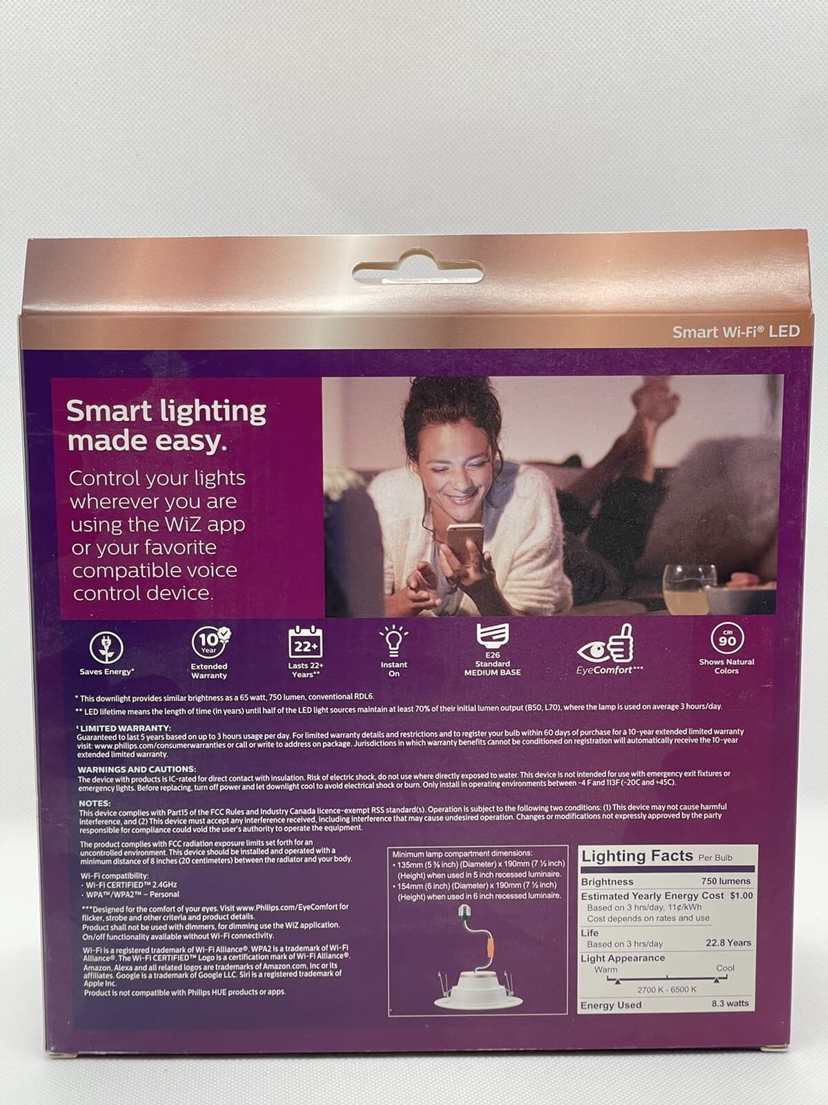 Philips Wiz Smart Wi-Fi Recessed Down Light Kit 5/6in LED 65W Full Color & White 5
