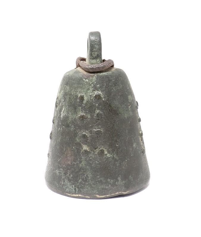 EARLY SMALL CHINESE BRONZE TEMPLE BELL - 3 1/2"TALL, 2 9/16" WIDE - DARK PATINA