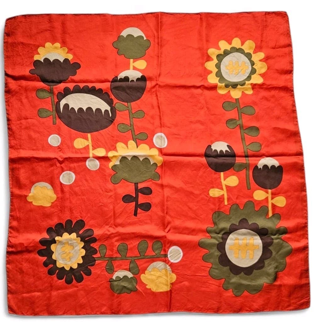 Vintage 1960-70s MOD Silk Scarf Orange Flowers Hand Rolled Hem 29" Square