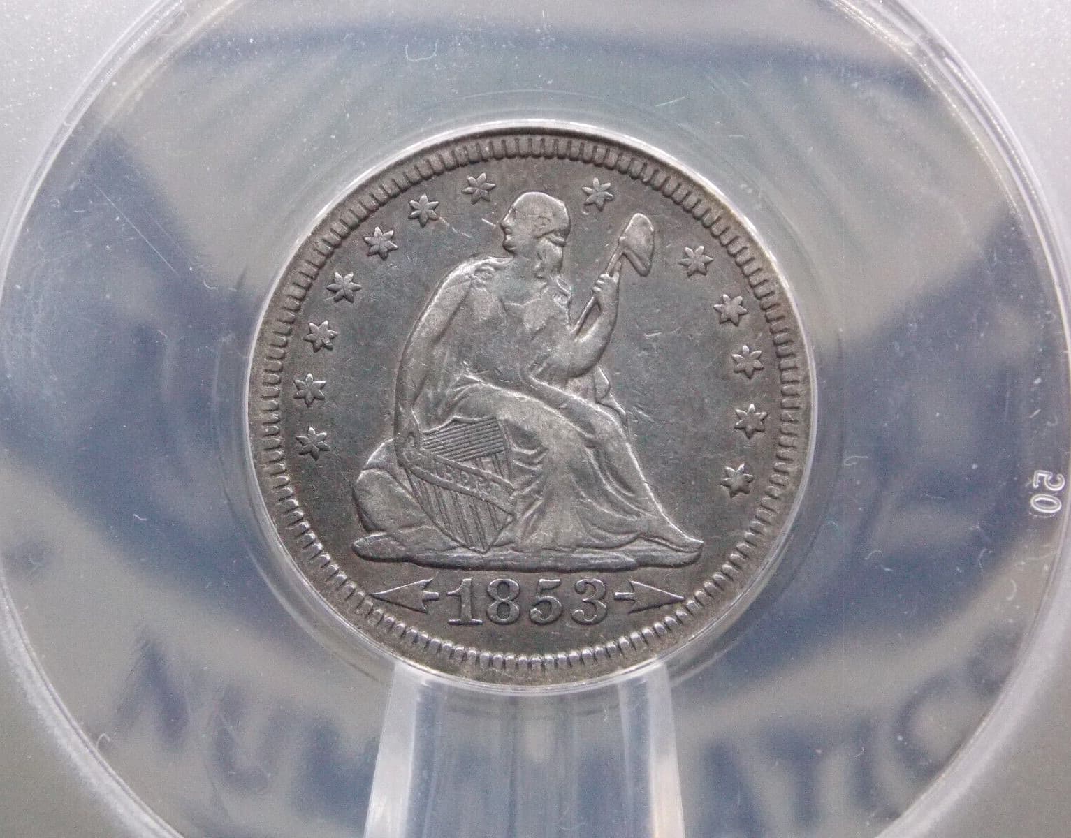 1853 "P" Seated Liberty Quarter *ARROWS & RAYS* 25c ANACS EF45 XF Details #084