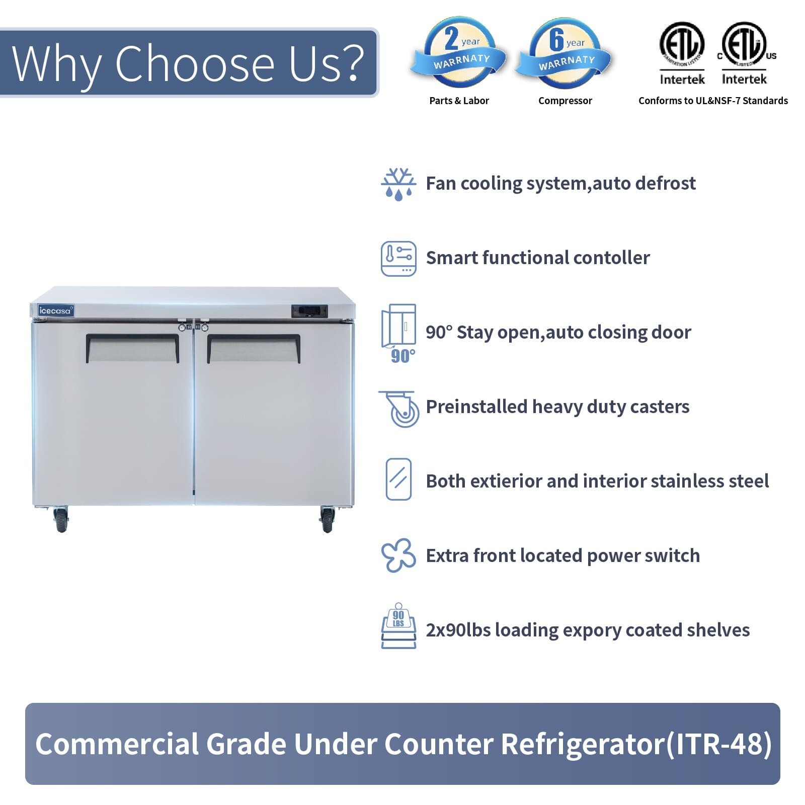 2 Door Undercounter Refrigerator, ICECASA 48" Commercial Lowboy Worktop Cooler 6