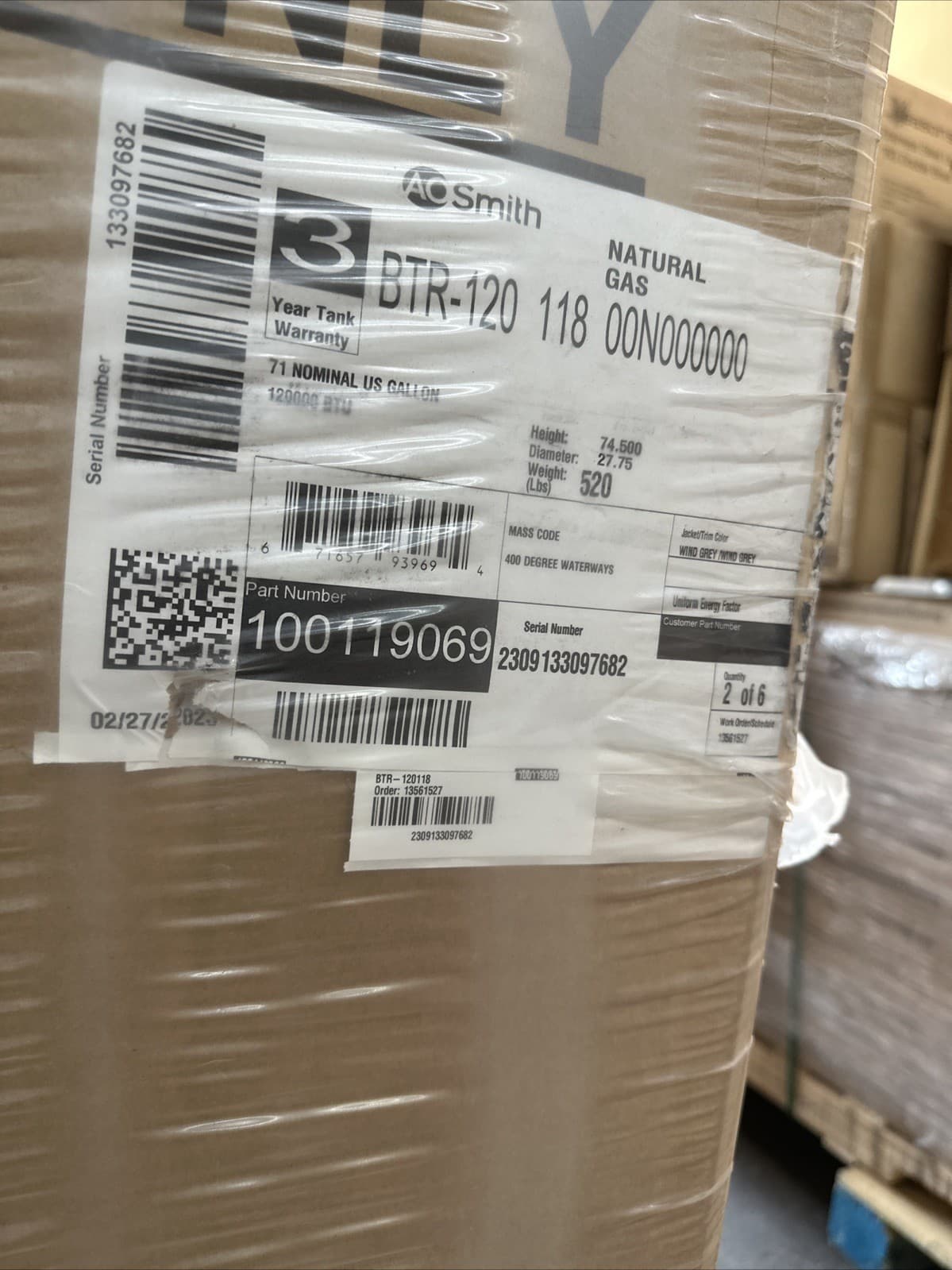 Year 2-27-23 AO SMITH BTR-120 118 120K BTU NATURAL GAS WATER HEATER 71 Gallons 2