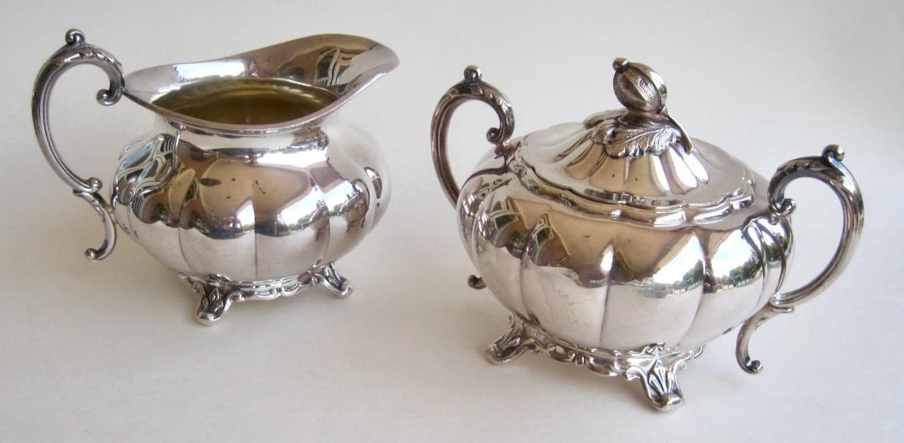 Oneida Community Melon Creamer Lidded Sugar Silverplate Sheffield Repro Footed 5