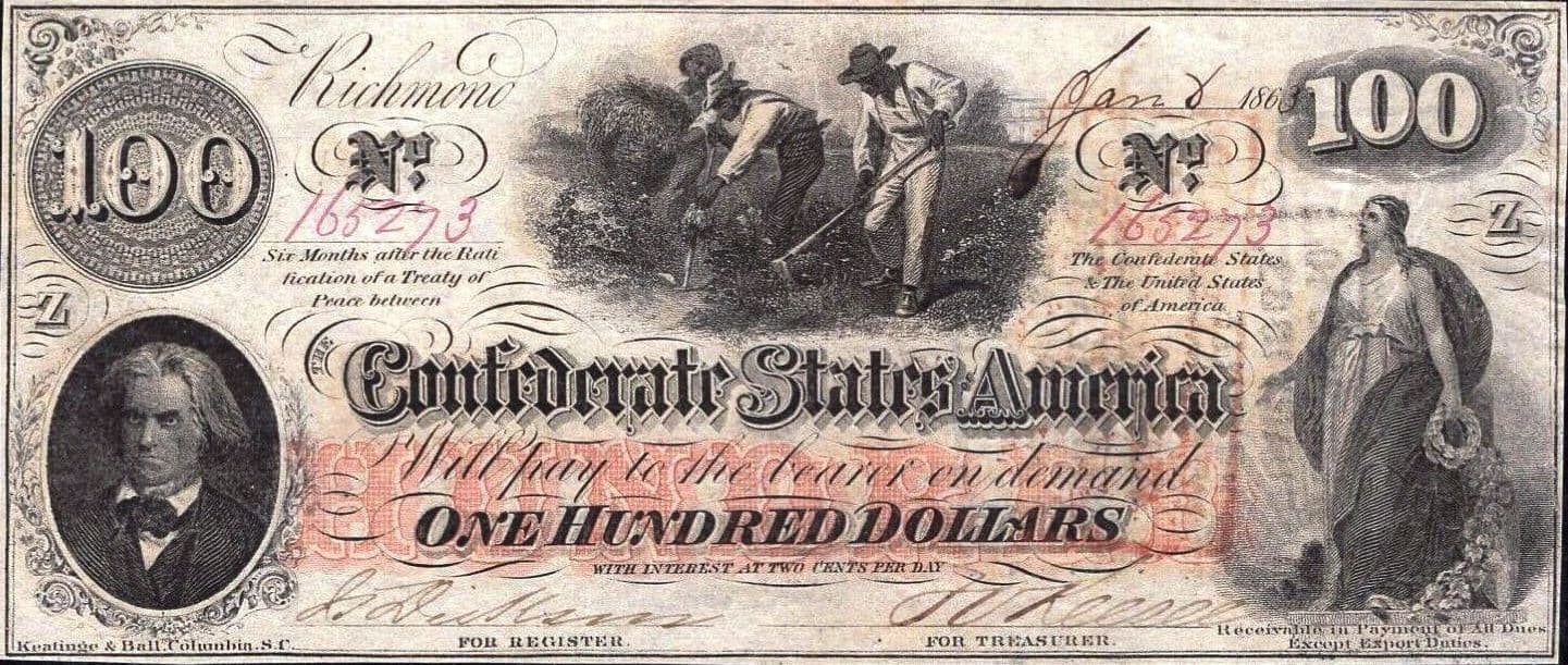 1862 $100 CSA T41 *Reproduction* Civil War Currency Calhoun & Slaves Pictured