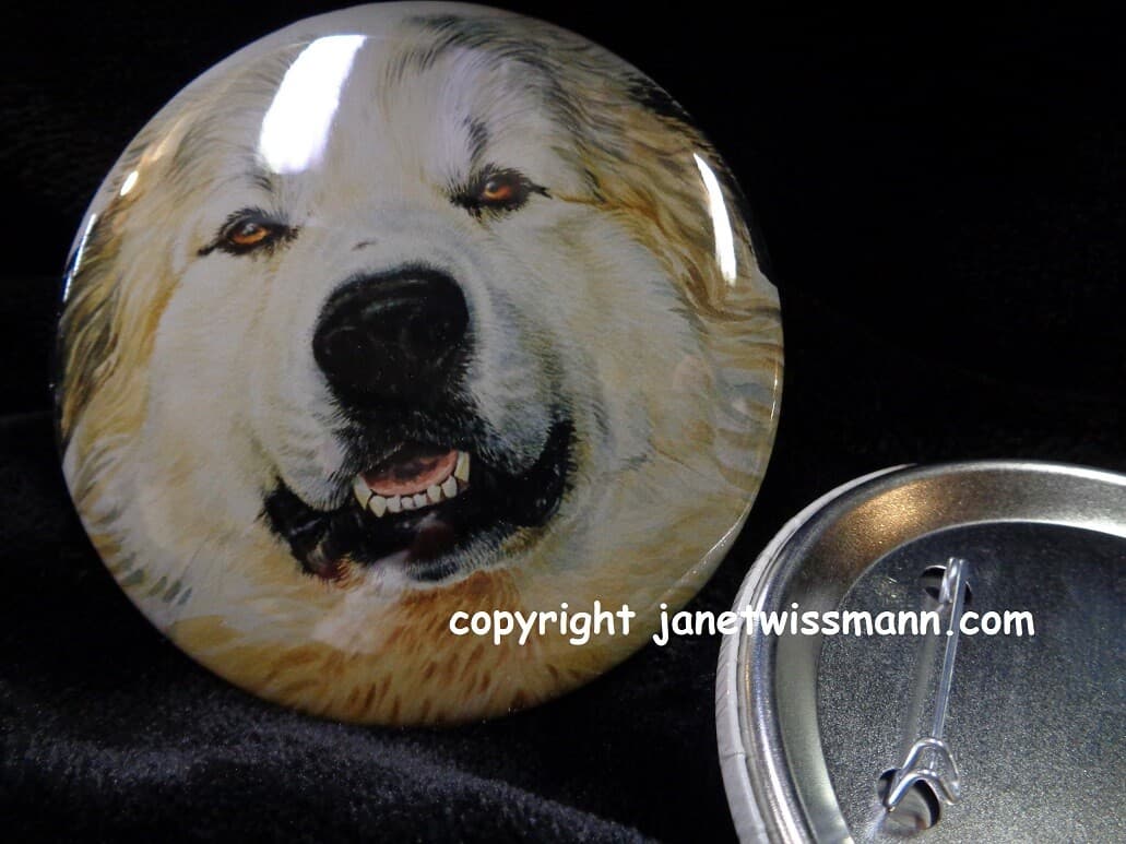 New REFRIGERATOR MAGNET BUTTON PIN Great Pyrenees Sheep Dog painting J. Wissmann 2