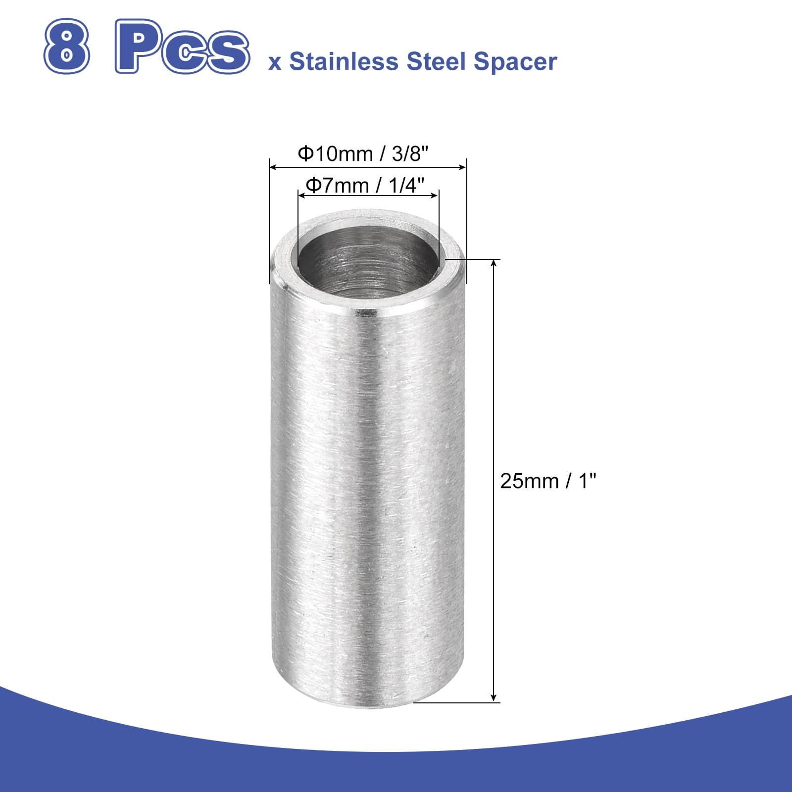 8Pcs 304 Stainless Steel Spacer 10mm OD x 7mm ID x 25mm Length 3
