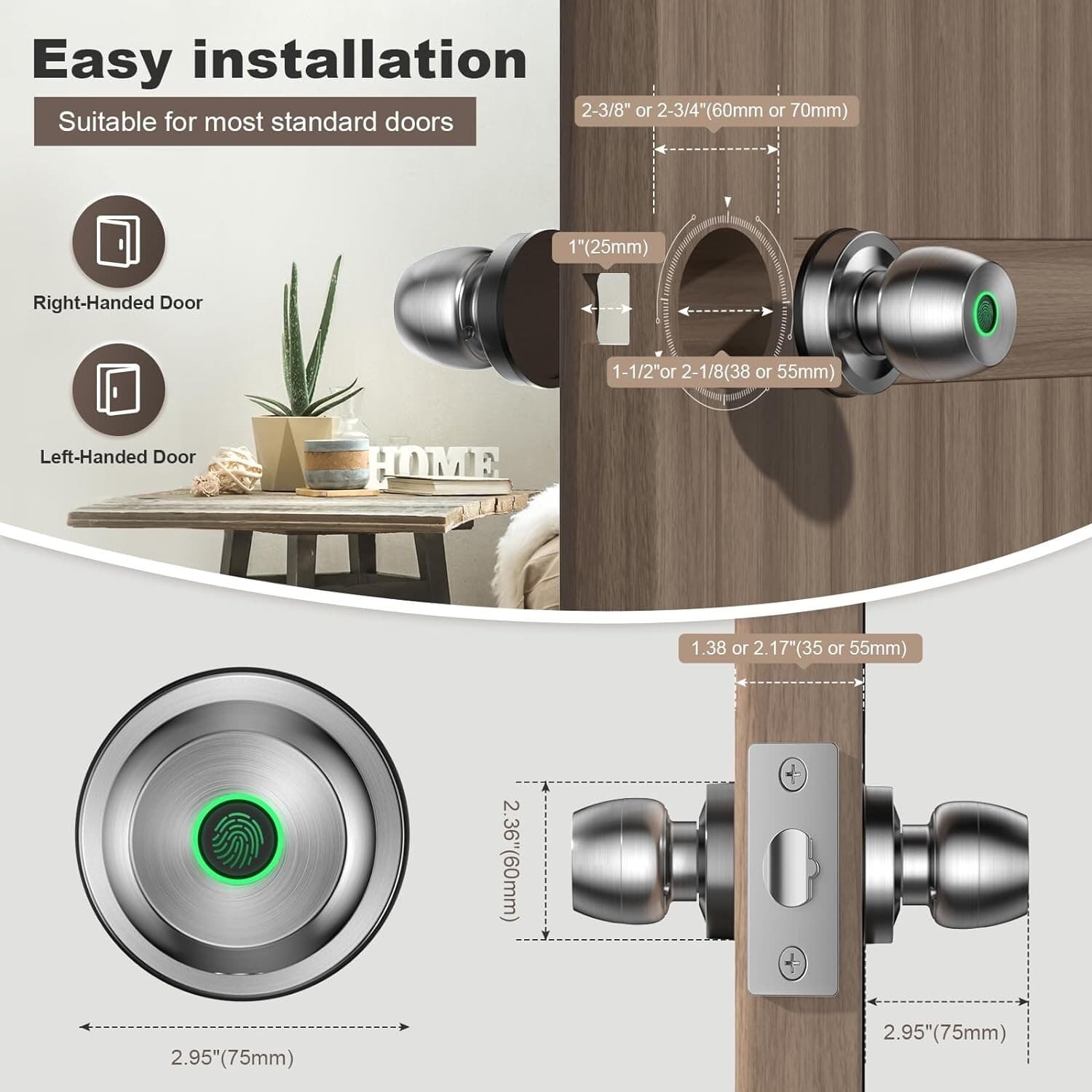 Smart Door Knob, Fingerprint Door Lock Smart Lock Biometric Satin Nickel 3