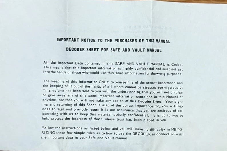 HPC Safe and Vault Manual 6th Printing w/code sheet VG Condition w/pencil notes 4