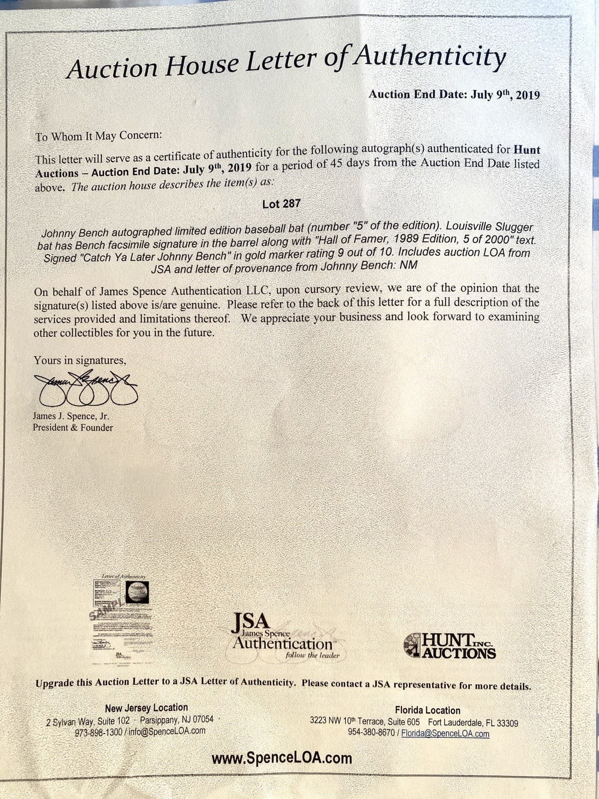 JOHNNY BENCH HOF Bat Signed in Gold ‘Catch Ya Later’  #5/2000 1989 JSA 6