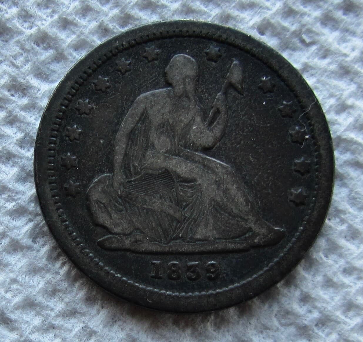 1839 NO Drapery Seated Liberty Silver Quarter Early Rare Key Date VF Cleaned