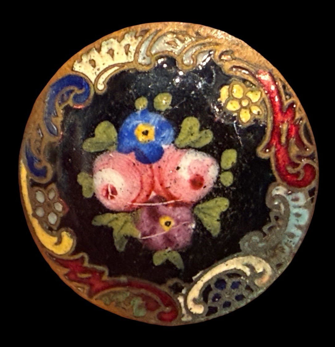 large Antique ENAMEL Button w CHAMPLEVE BORDER & center Emaux Peints Flowers