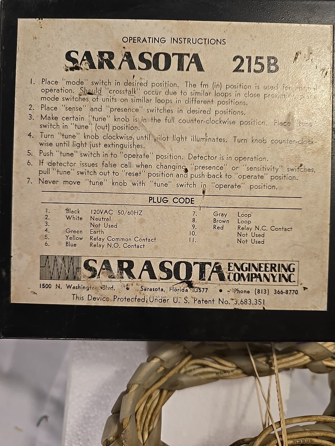 Sarasota Engineering Co. 215B Magnetic Vehicle Detector – Powers On – Untested – 2