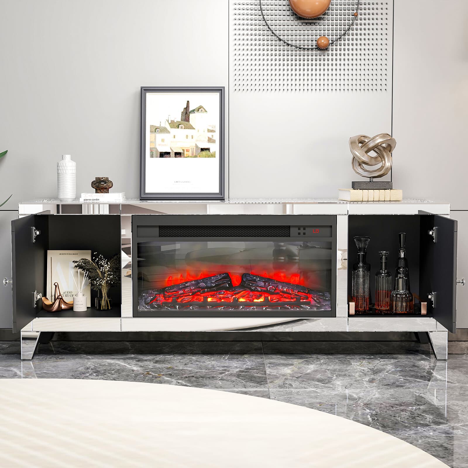 COSVALVE 59"Mirrored Fireplace TV Stand Entertainment Center Crush Diamond 2Door 4