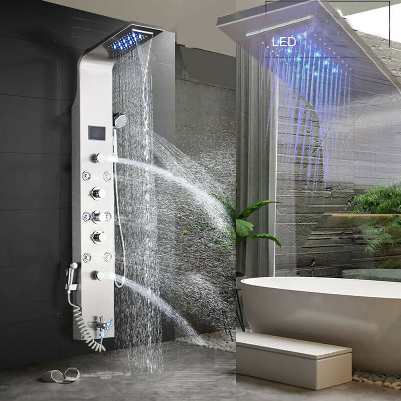 Stainless Steel Shower Panel Tower System LED Rain&Waterfall Massage Jet Sprayer 2