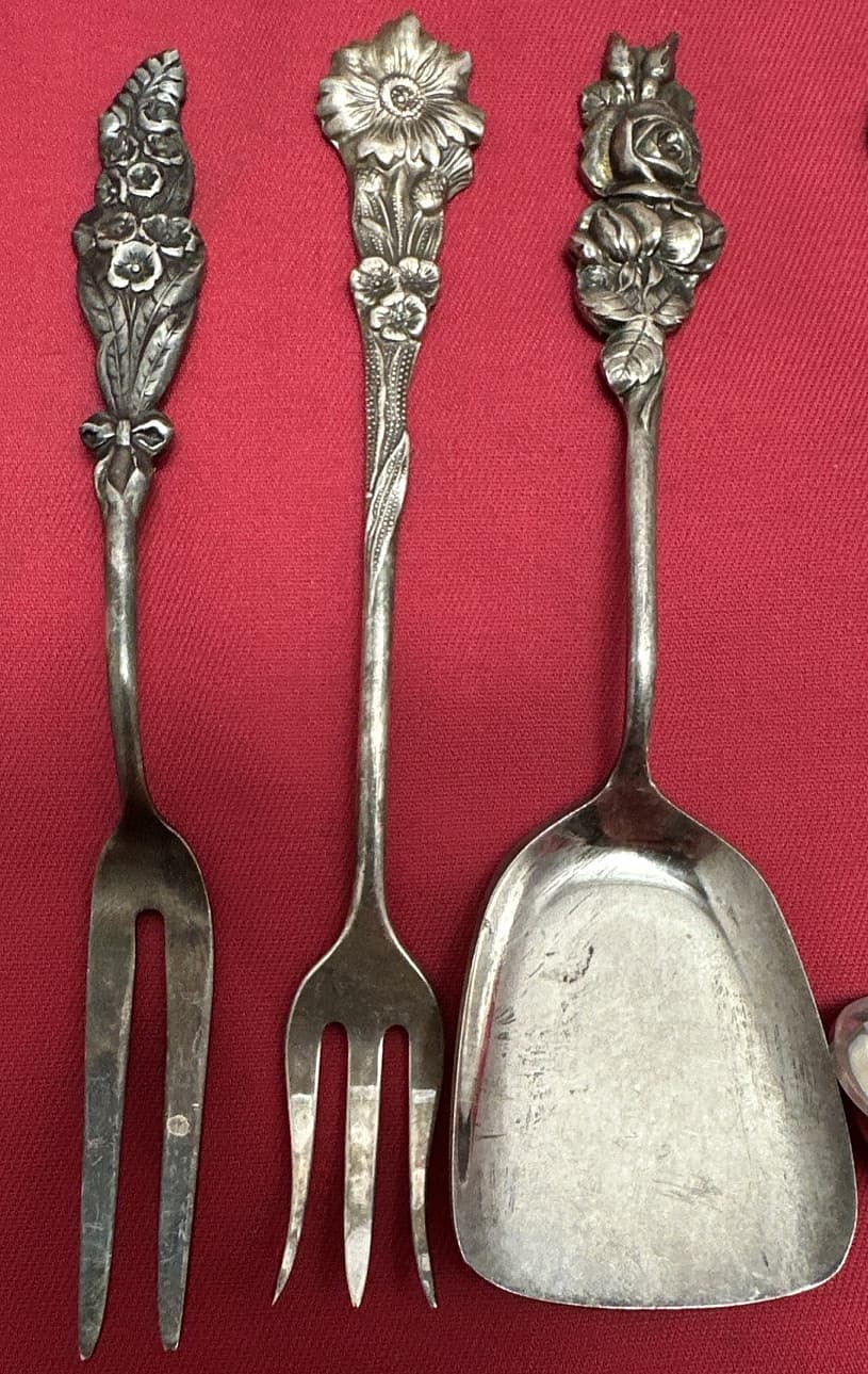 6 Pc 1964 HARLEQUIN Silverplated FORKS SHOVEL LADLE SERVER Mix by Reed & Barton 2