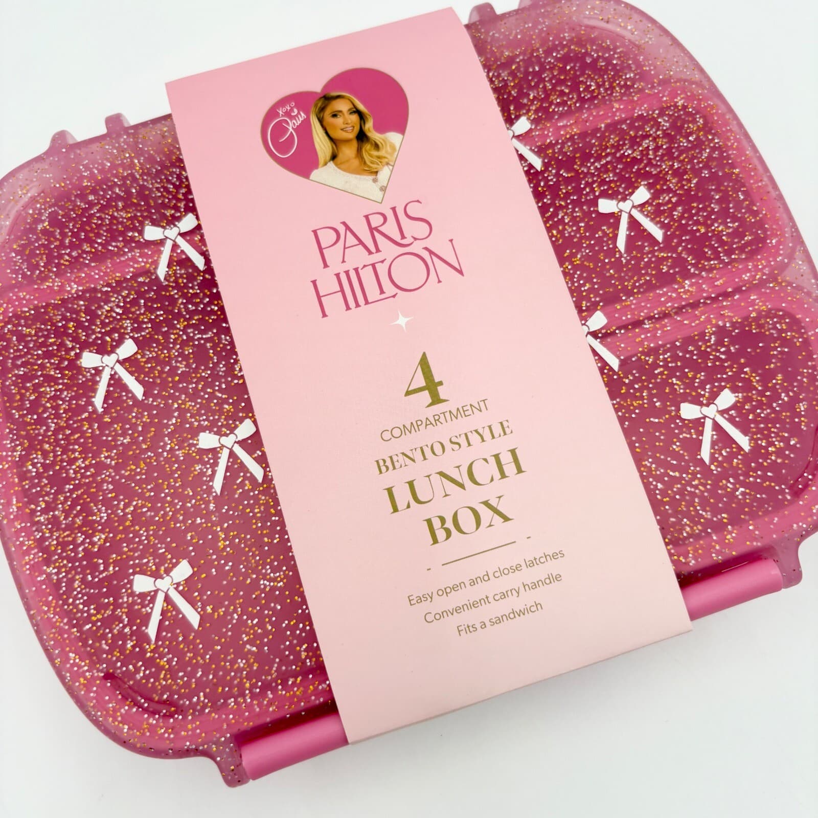 Paris Hilton Kitchen Bento Box 4 Compartment Lunch Box Phone Stand Pink Glitter