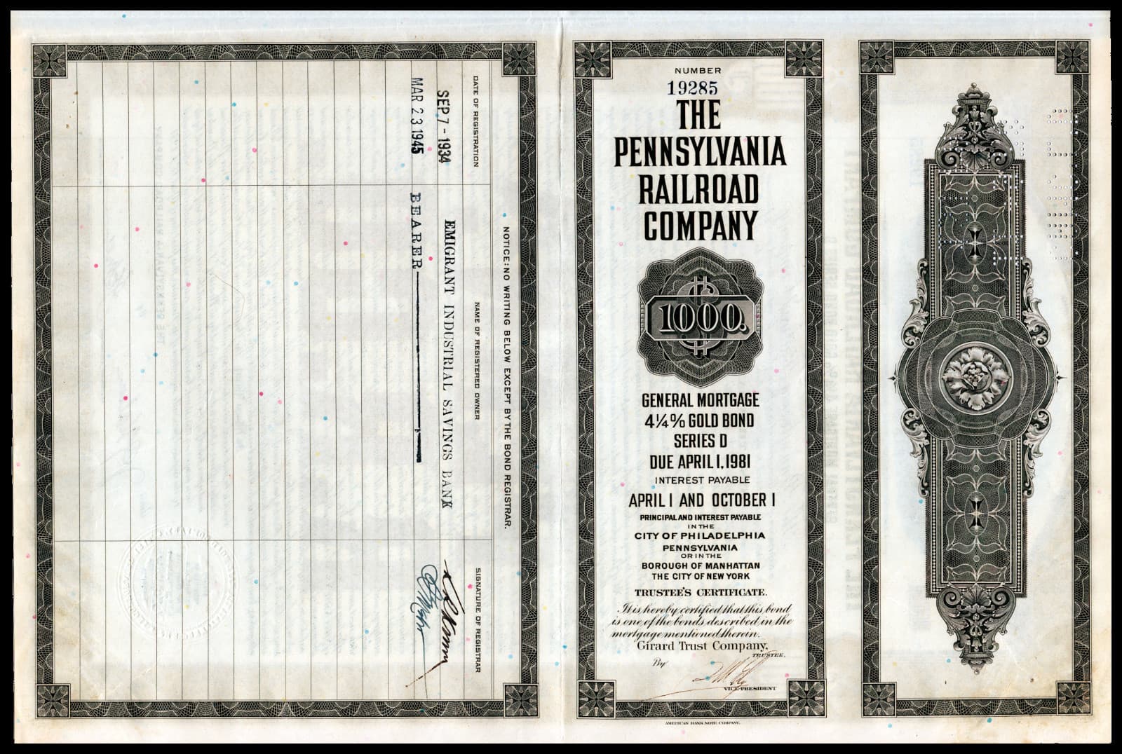 1931 Pennsylvania Railroad Great Depression Era $1000 50 Year Gold Coin Bond VG+ 3