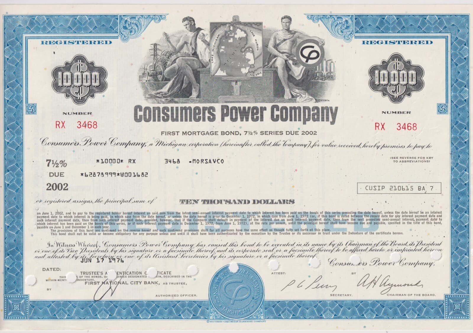 3 Color Set Consumers Power Company Bond Stock Certificates Michigan 3