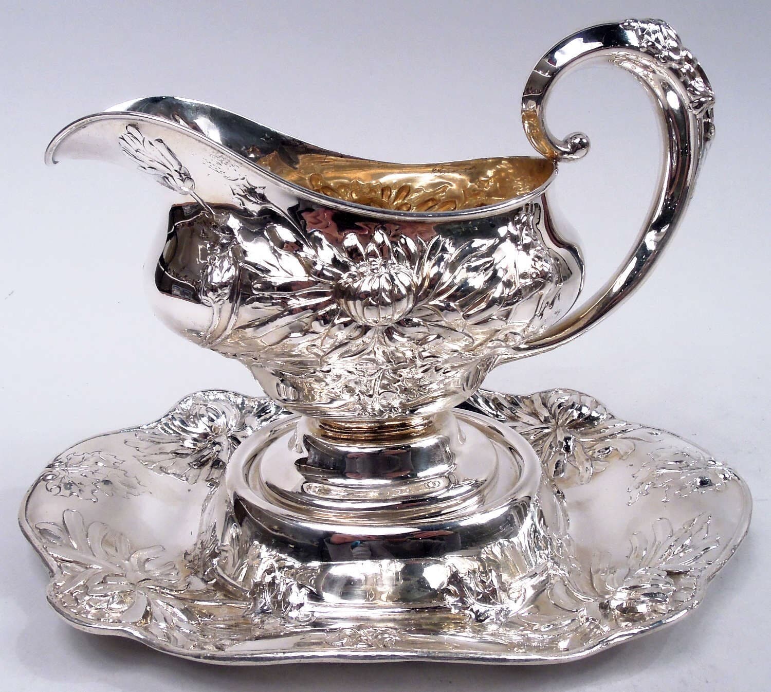 Alvin Gravy Boat Stand 2996 Chrysanthemum Sauce American Sterling Silver