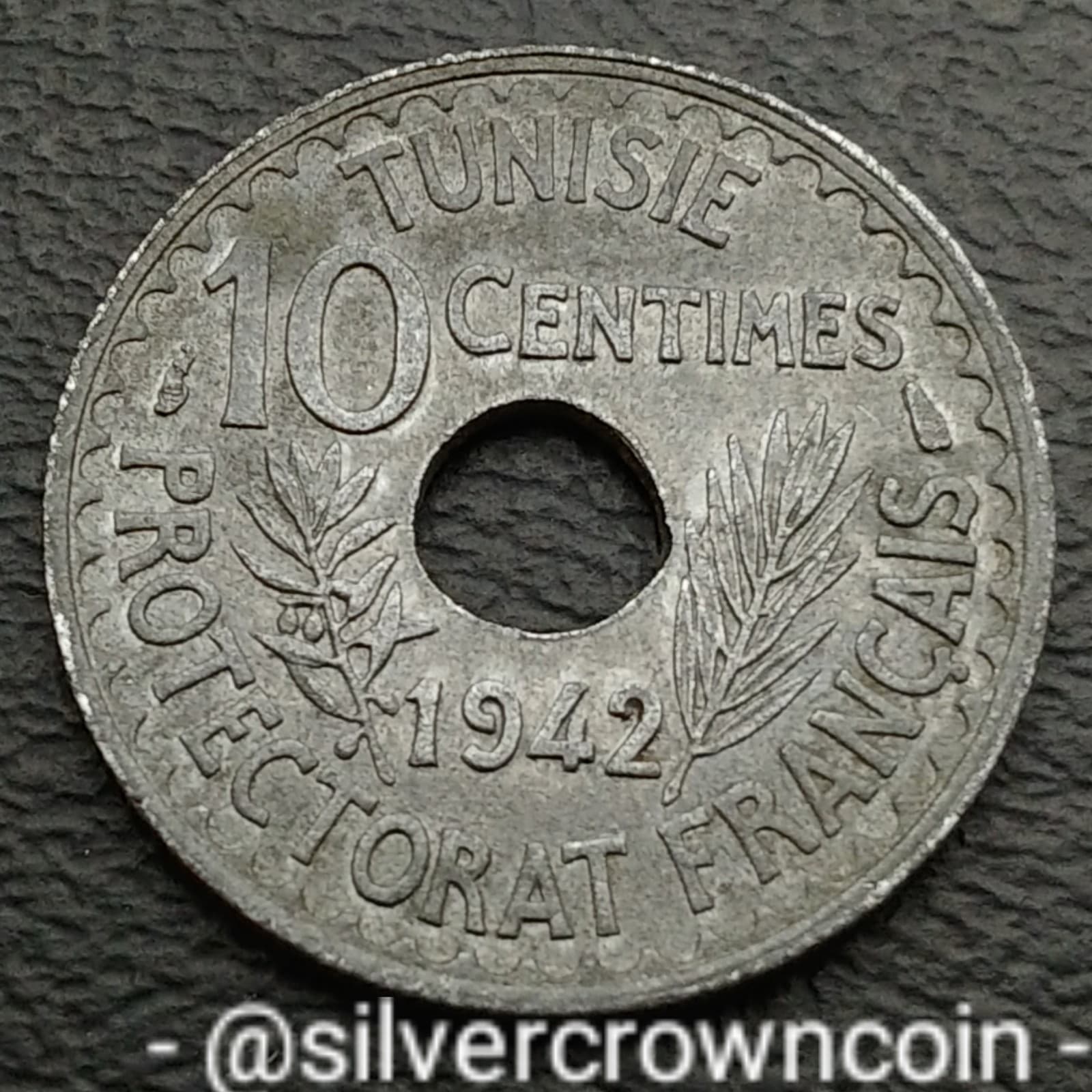 Tunisia 🇹🇳 10 Centimes AH1361 * 1942 A. KM#267. Zinc Ten Cents coin. WWII.