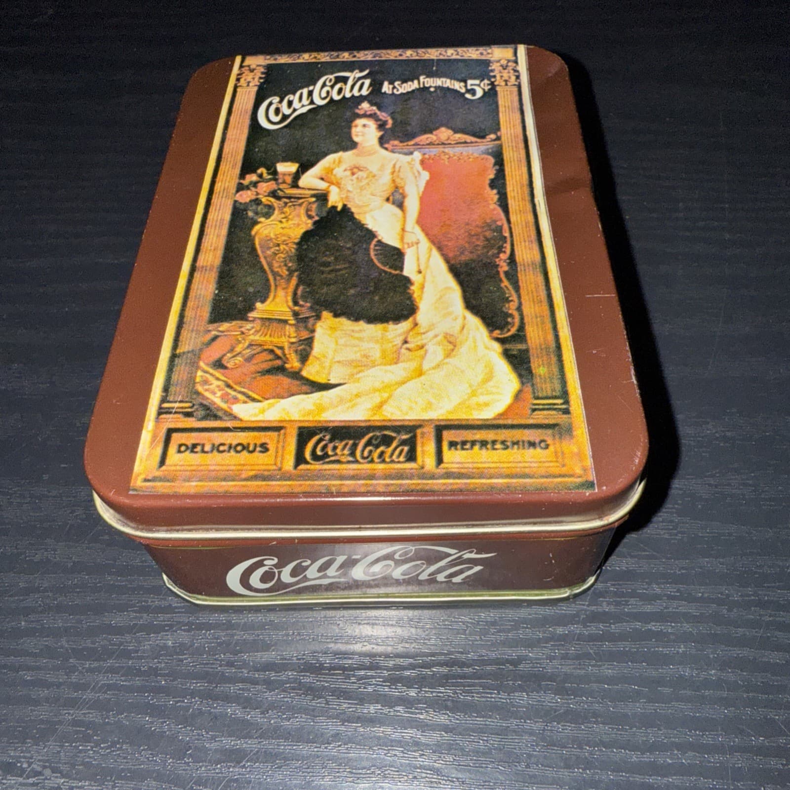 Vintage Coca-Cola “At Soda Fountains 5 Cents” Brown Tin With Hinged Lid 3