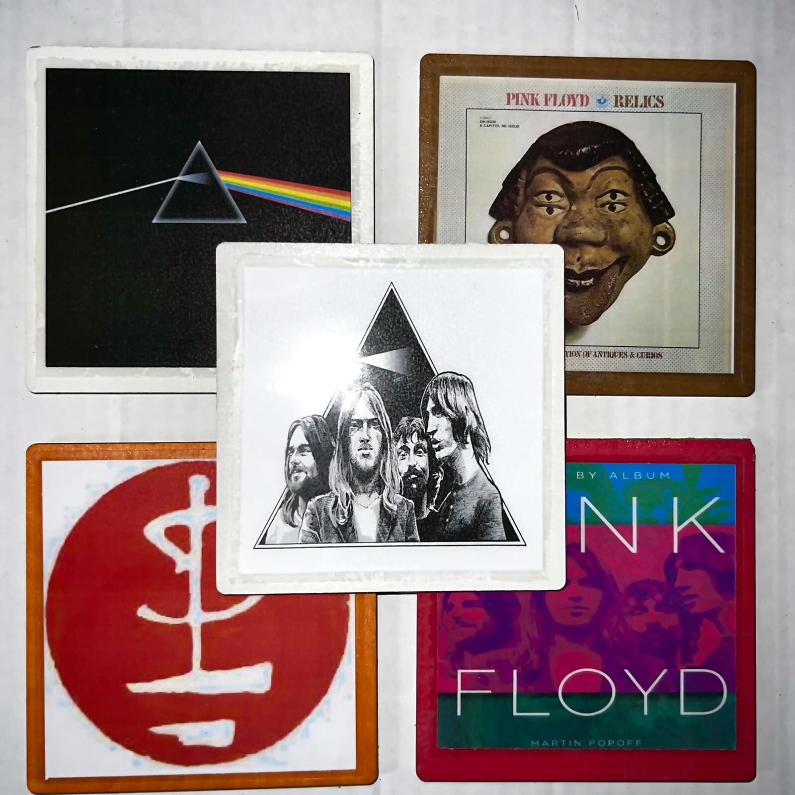 DIY 5 Handmade Wood & Cork Drink Coasters PINK FLOYD DSOTM Relics Logo Syd Psych