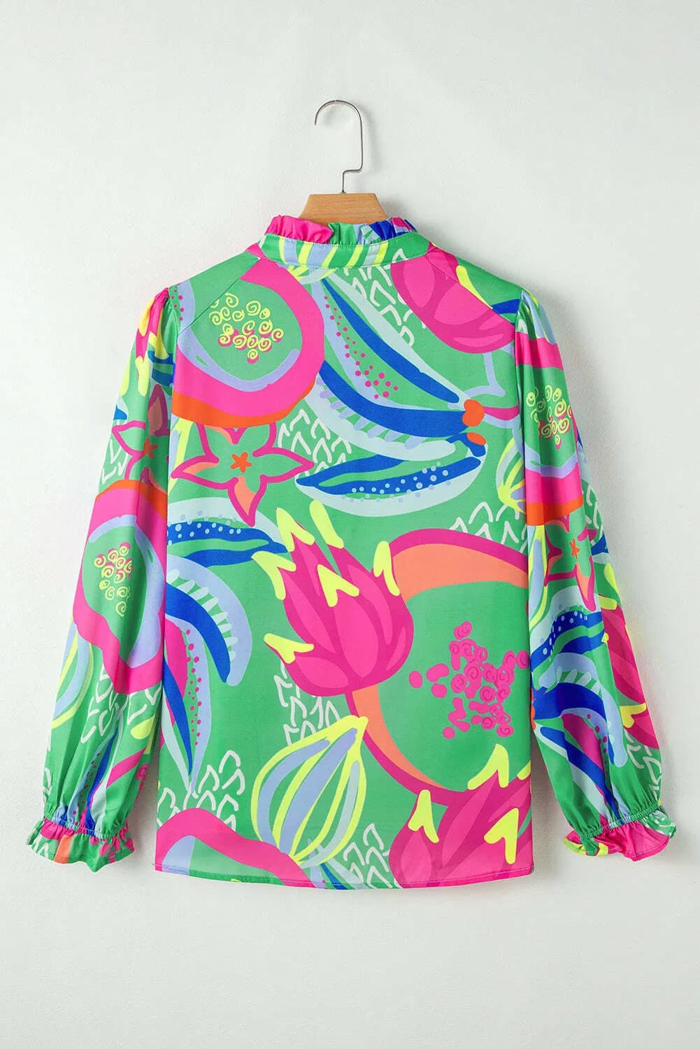 Green Abstract Print Ruffled Sleeve Buttoned V Neck Blouse 4