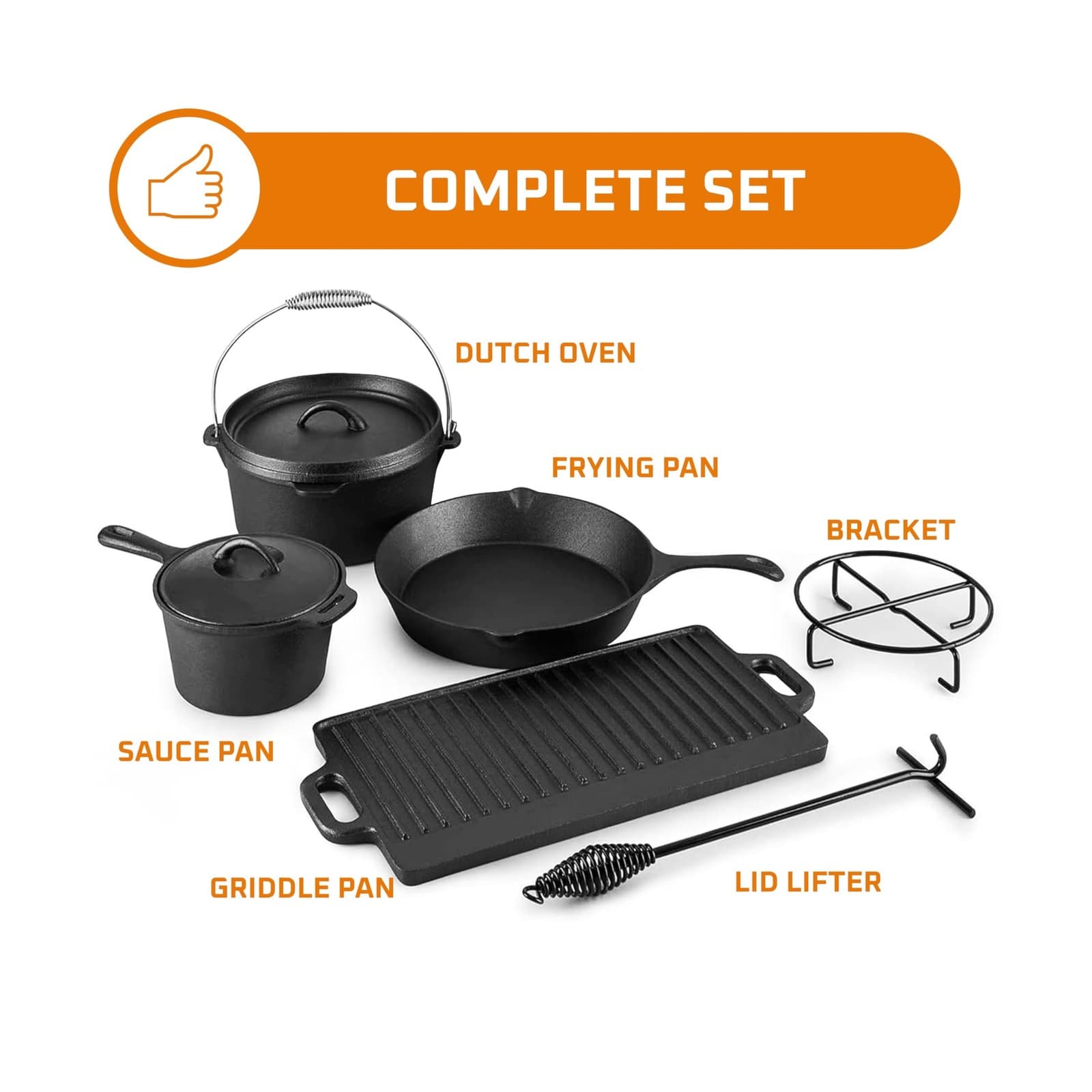 Bruntmor Camping Cooking Set of 7. Pre Seasoned Cast Iron Pots and ... Fast Ship 3