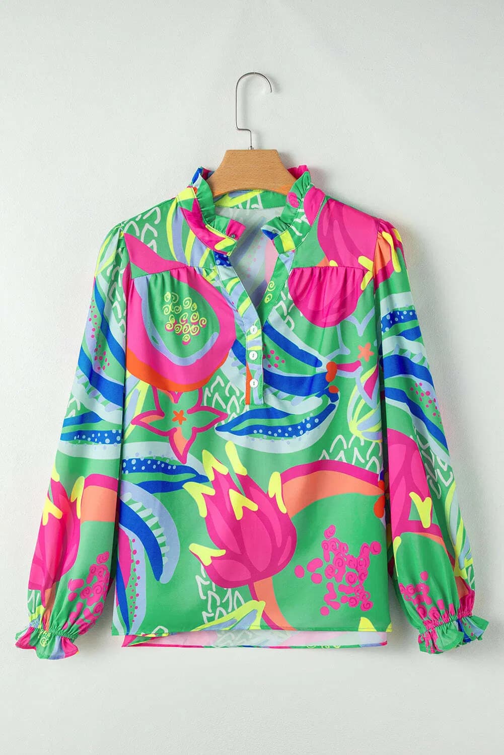 Green Abstract Print Ruffled Sleeve Buttoned V Neck Blouse 3