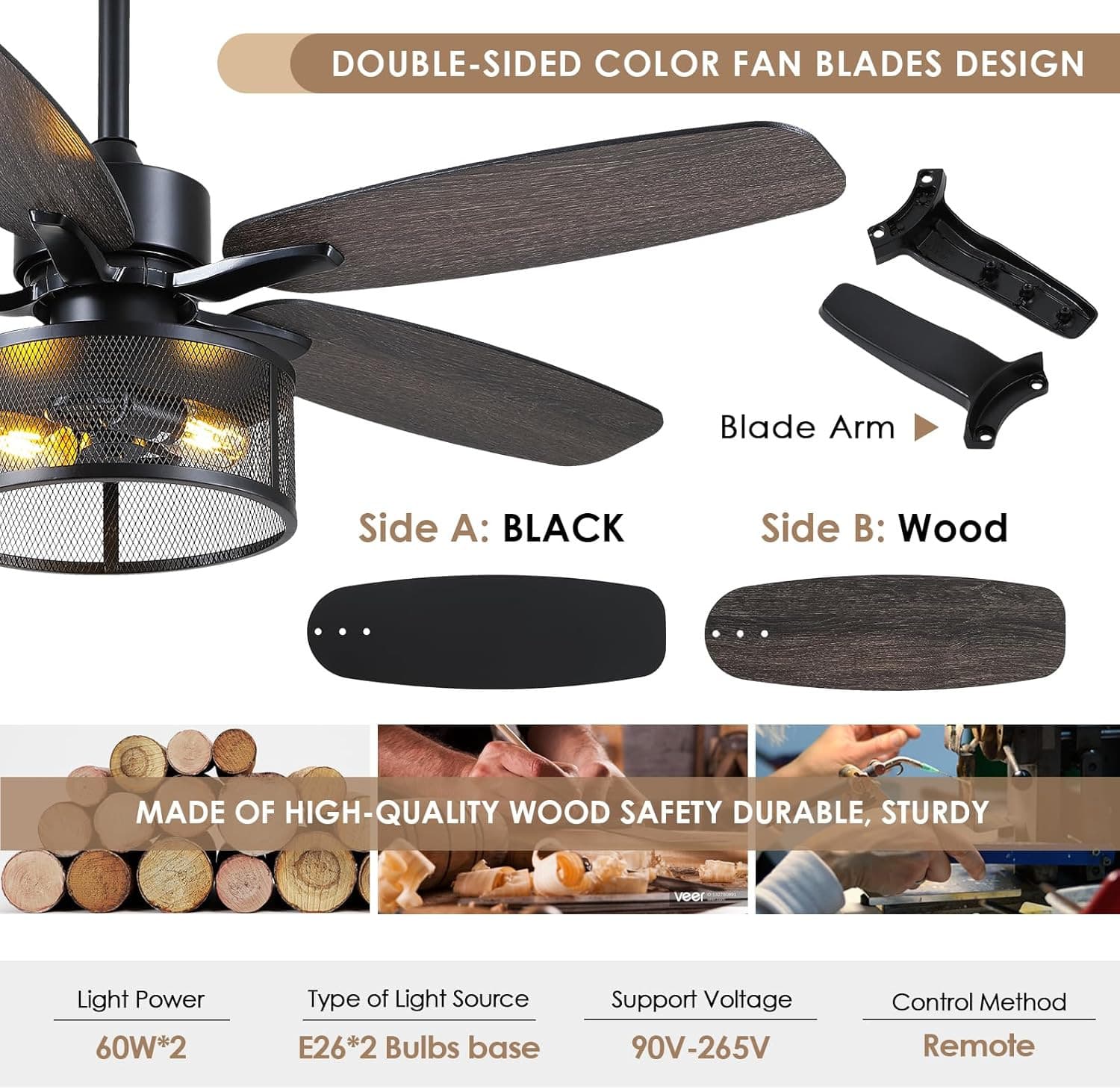 Farmhouse Ceiling Fan with Light and Remote,48" Black Industrial Caged Flush Mou 4