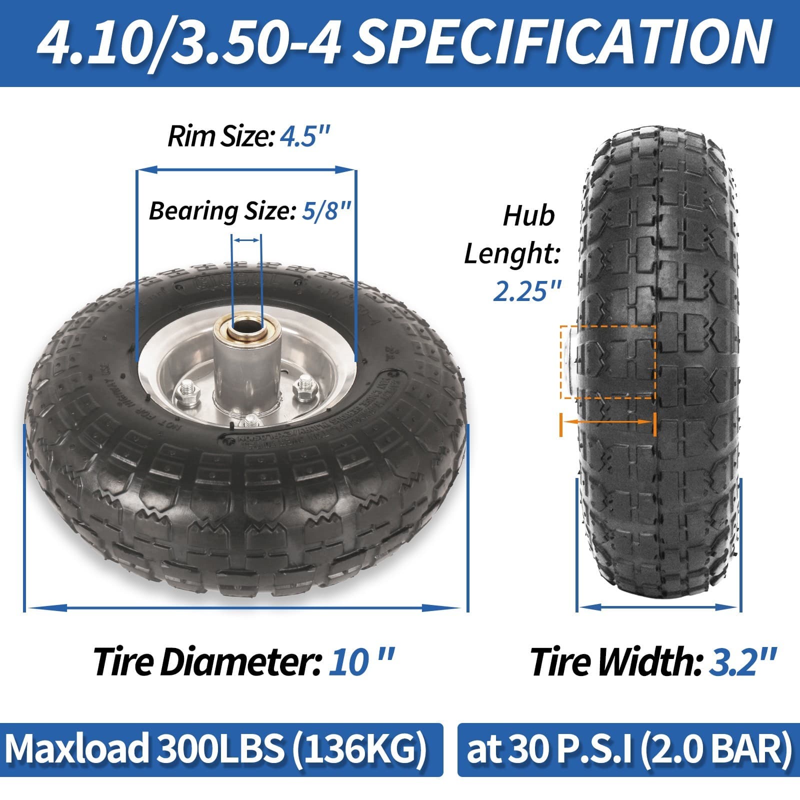 2-Pack 4.10/3.50-4" Tire & Wheel, 10" Pneumatic Tire for Hand Truck Trolley Cart 2
